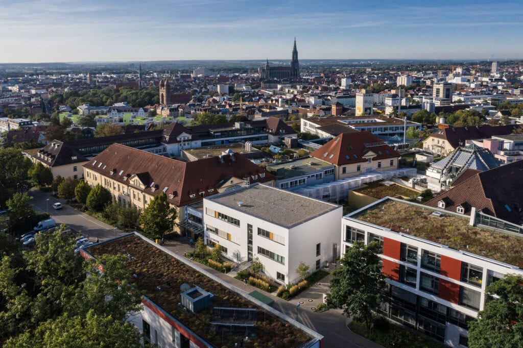 Detaillierte Luftaufnahme einer Stadt mit historischen und modernen Gebäuden, grünen Flächen und hohen Kirchtürmen.